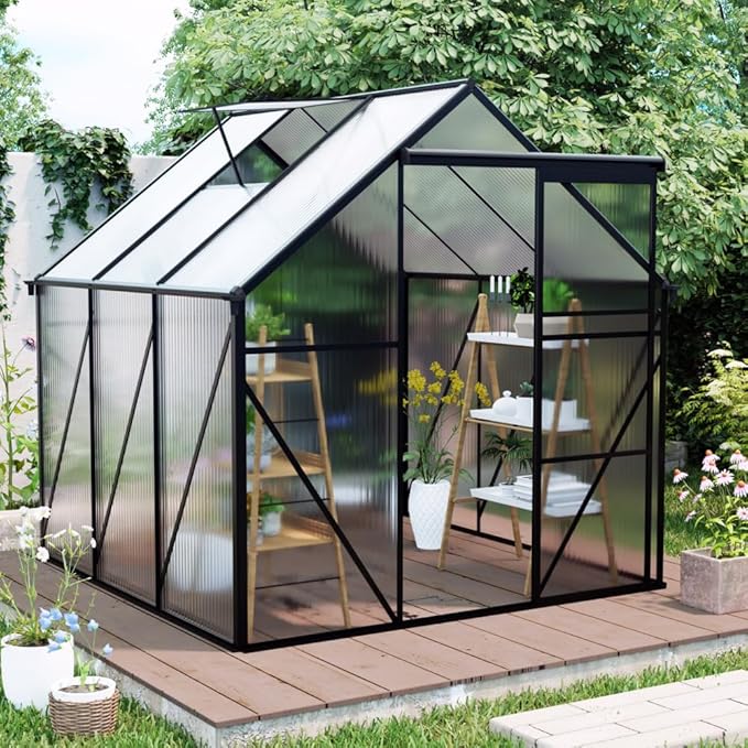 6x6 FT Polycarbonate Greenhouse Raised Base and Anchor Aluminum Heavy Duty Walk-in Greenhouses for Outdoor Backyard in All Season Black