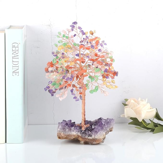 MASGEMES Chakra Tree of Life Natural Gemstone Crystal Tree,Healing Stones(406 Stone Count) with Amethyst Cluster,Fengshui Decor Bonsai Money Tree,Positive Energy Good Luck Gift Size 8.5"-9"