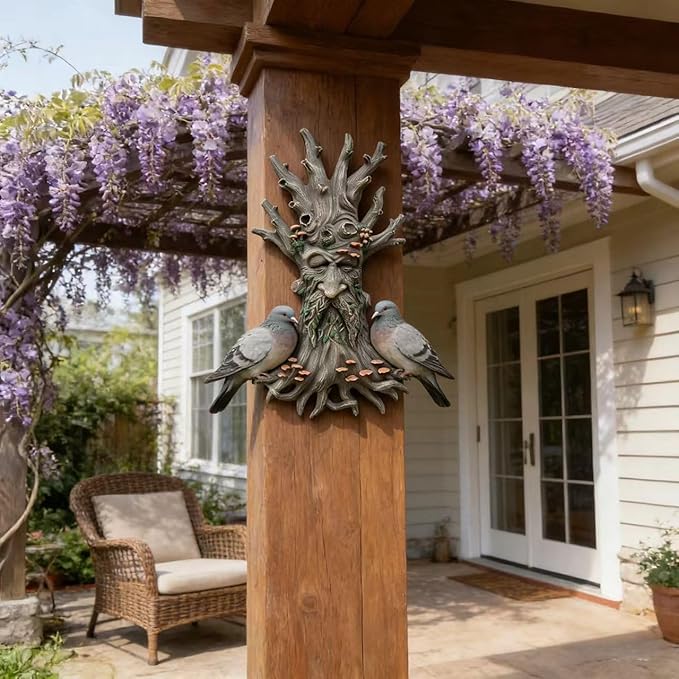 Tree Spirit Garden Sculpture, Super Bowl Party Decor Valentine‘s Day Gift Decorative Tree Face with Mushrooms and Leaves, Outdoor Art Decor.
