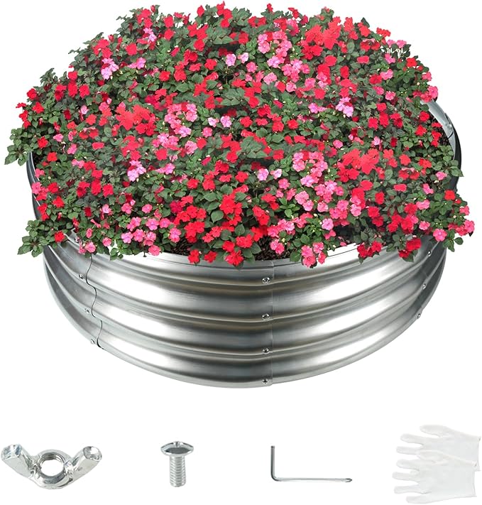 2.7FT Diameter Galvanized Garden Raised Bed/Plant Box/Fire Pit Ring-0.8mm Thick,12 Inch Tall,Crimped Edge and Corner,No Sharpe,Perfect for Plantings (Silver, 32 Dia X 11.5 inches)