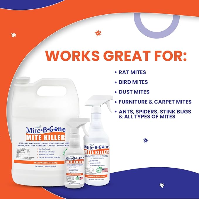 Mite Killer Spray by Mite-B-Gone - 32oz | Plant-Based Treatment for Human, Dust, Chicken, Bird, Carpet & Rat Mites in Homes, Furniture & Bedding | Farm, Family & Pet Safe