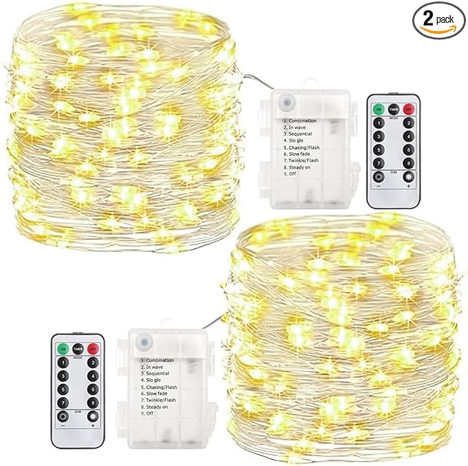 GDEALER 2 Pack Fairy Lights 20 Ft 60 Led Battery Operated Twinkle Lights with Remote Waterproof Silver Wire Twinkle Light 8 Modes Fairy String Light for Party Bedroom Decorations- Warm White