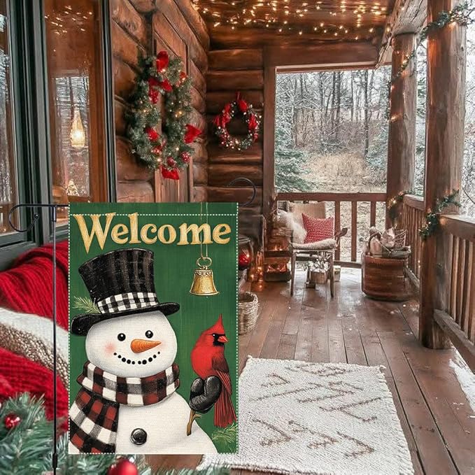 Welcome Snowman Garden Flag Double Sided 12x18 Inch Burlap Winter Outdoor Yard Decoration with Cardinal Bird and Bell Christmas Holiday Decor