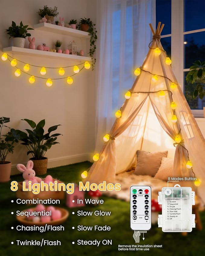 Easter Decoration String Lights, 10 FT 12 LED Eggshell Chicken Mantel Garland Battery Operated with Remote Timer 8 Modes, Hemp Rope Banner for Fireplace Table Wall Spring Party Indoor Outdoor Decor