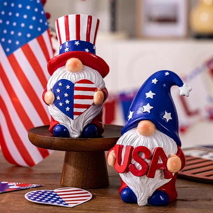Outdoor Patriotic Garden Gnomes, 2pcs 4th of July Gnome Decor Indoor, Red White Blue Decorations, Gnomes Gifts for Women Mom Grandma