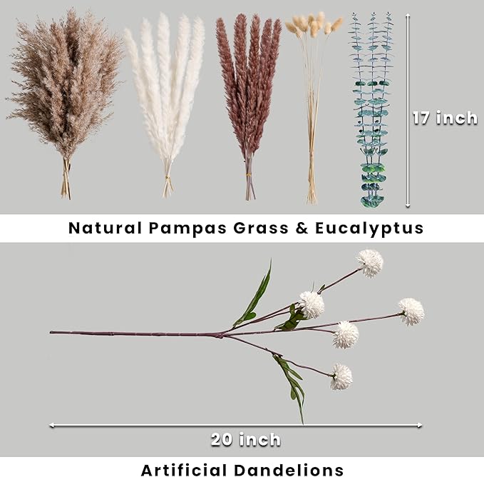 High-End Faux Flower Bouquet with Dried Pampas Grass Decor – Realistic Artificial Flowers Indoor | Faux Peonies, Mums, Ranunculus, Eucalyptus | Dried Floral Arrangements & Vase Fillers for Home Decor