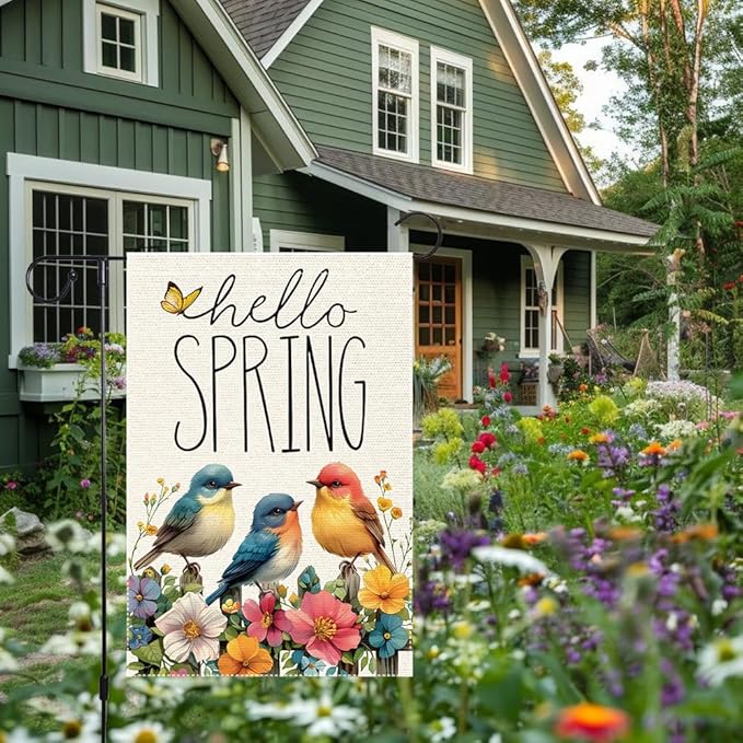Hello Spring Cardinal Garden Flag 12x18 inch Double Sided Burlap Small Butterfly Seasonal Wildflowers Rustic Farmhouse Yard Lawn Outdoor Holiday Home Flags Decorations