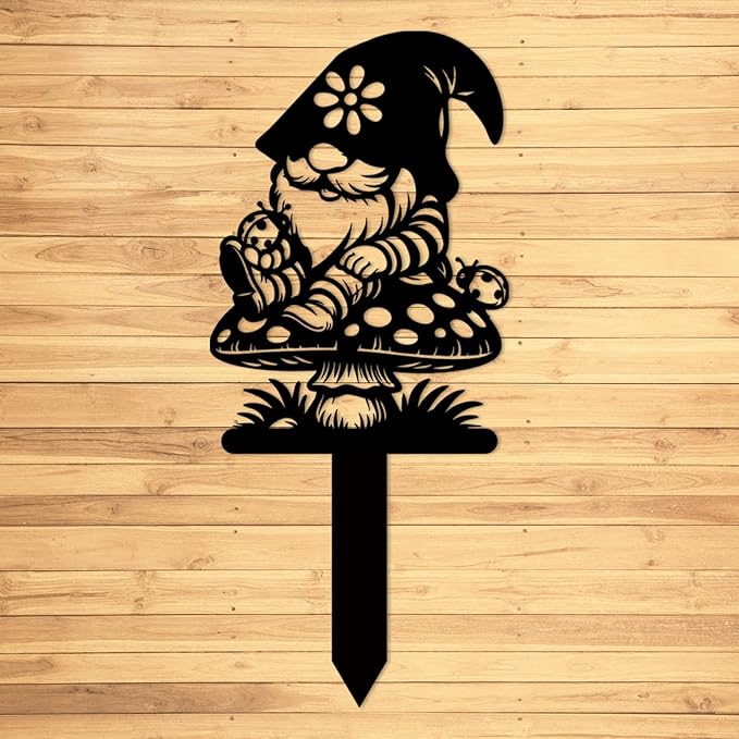 Magilab Personalized Iron Yard Stake - Christmas Cute Gnome Dwarves Decor, 8-Inch Black Metal Garden Sign for Outdoor (Style G)