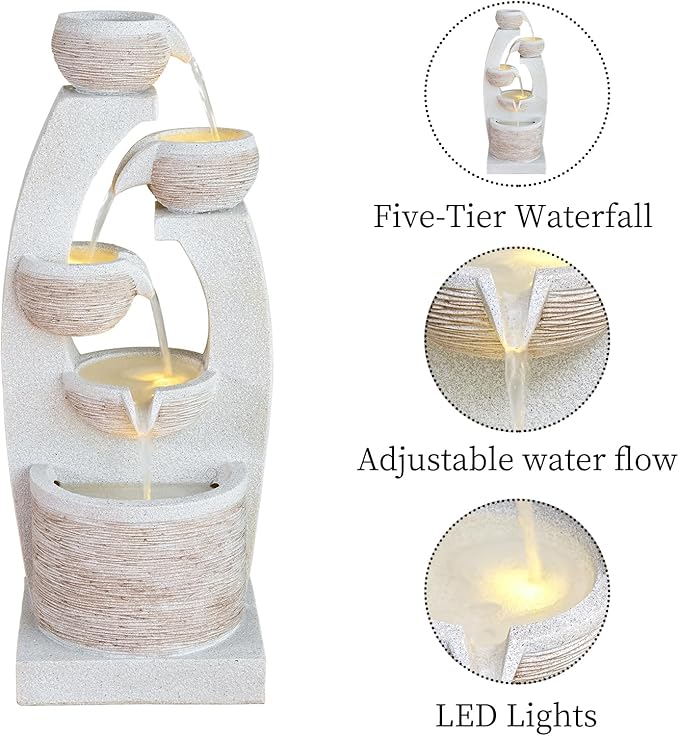 Qingyinge 33'' H Modern Outdoor Fountain Resin Outdoor Garden Fountains with Contemporary Design LED Light for Garden, Patio, Deck, Porch, Backyard and Home Art Decor