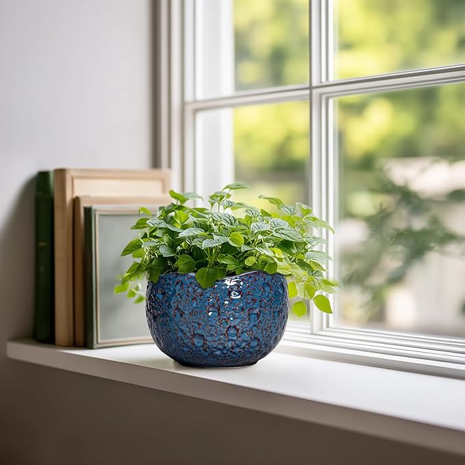 Thirtypot 6 Inch Plant Pot - Ceramic Pots for Plants with Drainage Hole, Round Orchid Pot, Unique Planter for Indoor Outdoor, Modern Decorative Flower Pots, Room Decor, Plant Lovers Gifts, Retro Blue