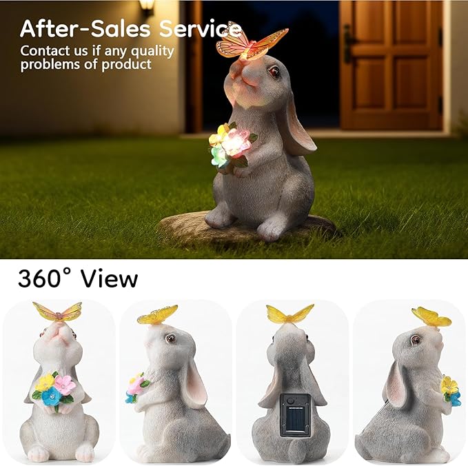 Garden Statue Outdoor Decor, Rabbit Figurines with Solar Butterfly Changing Color LED Lights, Bunny Ornament for Patio Backyard Lawn, Birthday Housewarming Gift for Women Mom Grandma