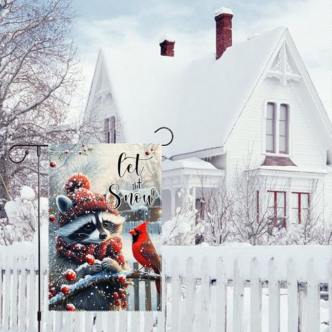 Winter Gardening Flag 12x18 inch Double-sided Cotton Fabric Garden Flag, Cute Red-Haired Bear Bird Snow Scene Outdoor Decor Flags, Christmas Winter Seasonal Welcome Flag