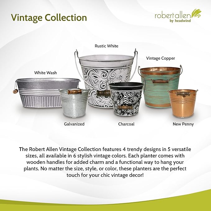 Headwind Vintage Collection - Floral Galvanazied White Wash Planter with Handles – 8 Inch Medium Flower Pots Decorative Plant Indoor – Plant Pots Indoor with Drainage by Robert Allen