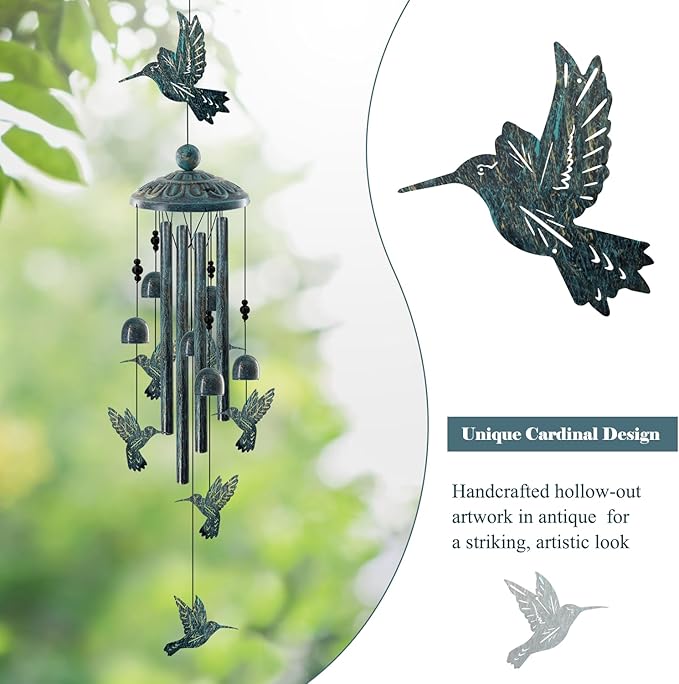Vintage Bronze Hummingbird Wind Chimes for Outside, Retro Bird Gifts for Women Mom, Sympathy Memorial Windchimes for Garden Yard Patio Decor, Rustic Metal Wind Bell for Birthday Mother’s Day