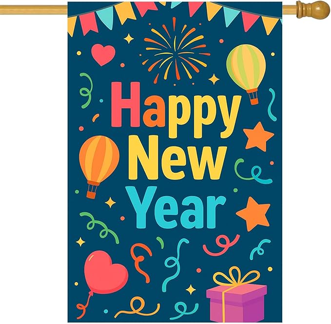 Happy New Year House Flag 28x40 Inch Double Sided Garden Flag Hot Air Balloon Gift Box and Confetti Design Winter Holiday Yard Banner Large Outdoor Flag for Porch Lawn Home Decoration