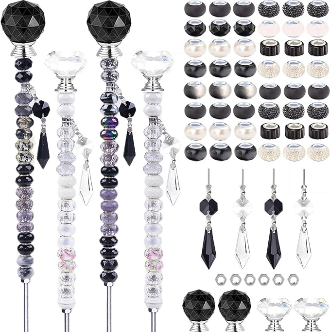121 Pcs DIY Fairy Wand Beaded Garden Stakes Kit, Fairy Wands Garden Kit Black White Large Hole Bead with Pendants Crystal Stopper Top Threaded Rod Beaded Garden Stakes Supplies for Outdoor Decorative