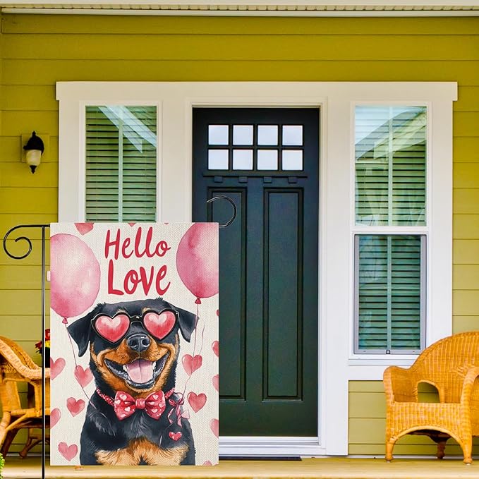 Valentine's Day Rottweiler Hello Love Garden Flag, House Yard Plaid Love Heart Outside Decoration, Spring Holiday Wedding Anniversary Outdoor Small Decor 12x18(12635)