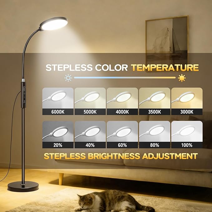 Light Therapy Lamp, 11000 Lux UV-Free Floor Lamp, Full Spectrum LED Sunlight with Touch Remote Control, Adjustable 7 Color Temperatures 9 Brightness Levels for Office Living Room Reading Black