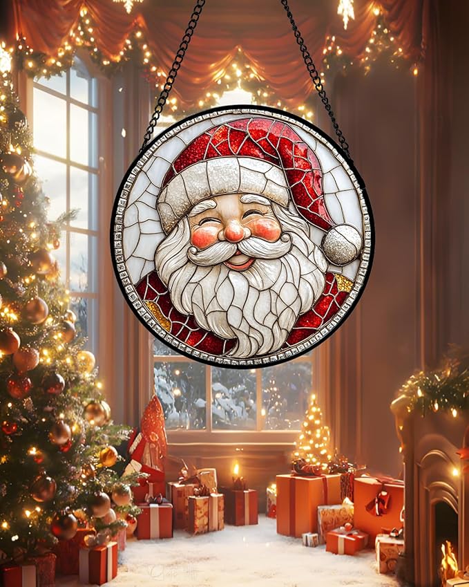 HWRHTR Stained Glass Window Hanging - Red White Santa Claus Suncatcher for Doors Home Christmas Decoration Winter Sun Catcher Thanksgiving New Year Birthday Gifts for Women Men Mom Nana Girl 9.8 in