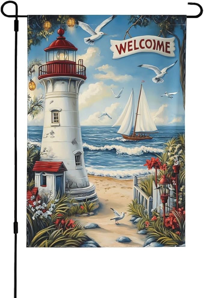 Lighthouse With Beach Garden Flag 12x18 Inch Double Sided All-Weather Polyester Outdoor Flag For Patio Lawn Yard And Garden Welcome Decor