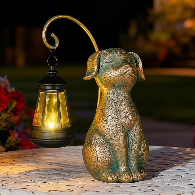 Solar Garden Decor Dog Statues with Lantern,Waterproof Resin Solar Outdoor Statue Decoration for Yard, Lawn, Flower Bed, Backyard, Front Yard, Patio, Balcony – Gift for Dog Lovers
