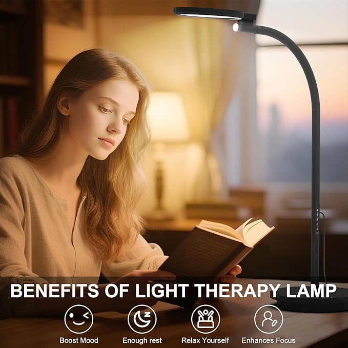 Sozapooty Light Therapy Lamp 10000 Lux UV-Free Sun Floor Lamp, 360° Gooseneck Happy Lamp with 5 Colors & 5 Brightness Levels & Remote Control + Touch Dual Control (Black)