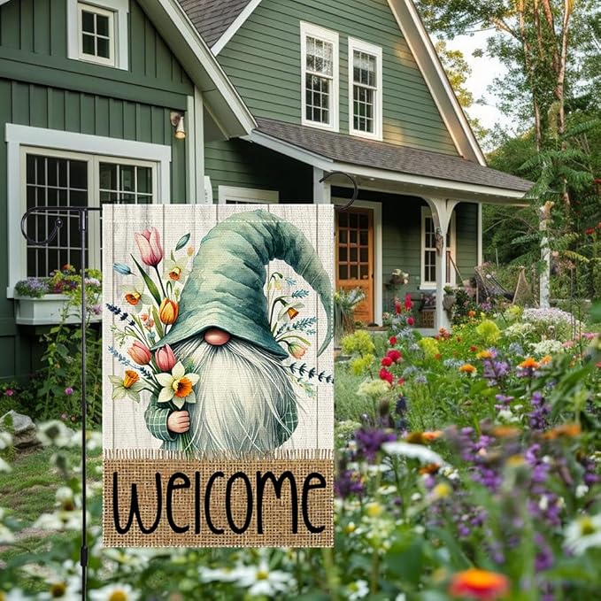 Welcome Spring Garden Flag 12x18 inch Burlap Double Sided Gnome Colorful Floral Small Summer Garden Flags Decorations For Outside Yard Home Outdoor Patio Lawn Decor