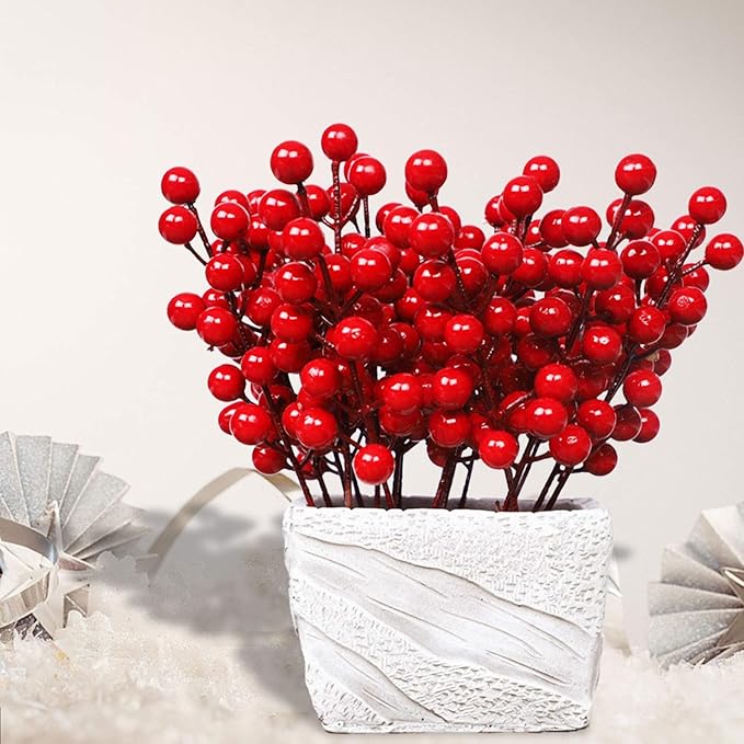 DR.DUDU 48 Pack Red Berry Stems, 8 Inch Artificial Berries Decor for Christmas Tree Picks and Filler, DIY Wreath Garland Christmas Ornaments