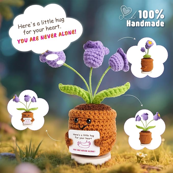 penzoos Emotional Support Plant, Handmade Crochet Potted Flower with Inspirational Message Card,Lavender Chime Knitted Flower, Stress Relief Gift for Friends, Family, and Coworkers