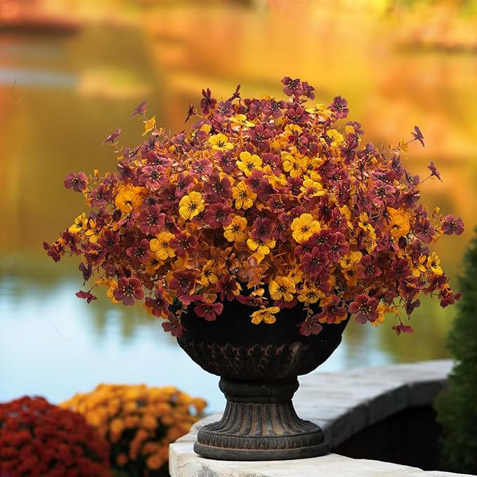 Grunyia 16 Bundles Artificial Fall Mums with Eucalyptus, Faux Daisy UV Resistant Outdoor Decor - Autumn Orange Flowers for Front Door Porch Planter, Patio, Thanksgiving Christmas (Fall Yellow&Red)