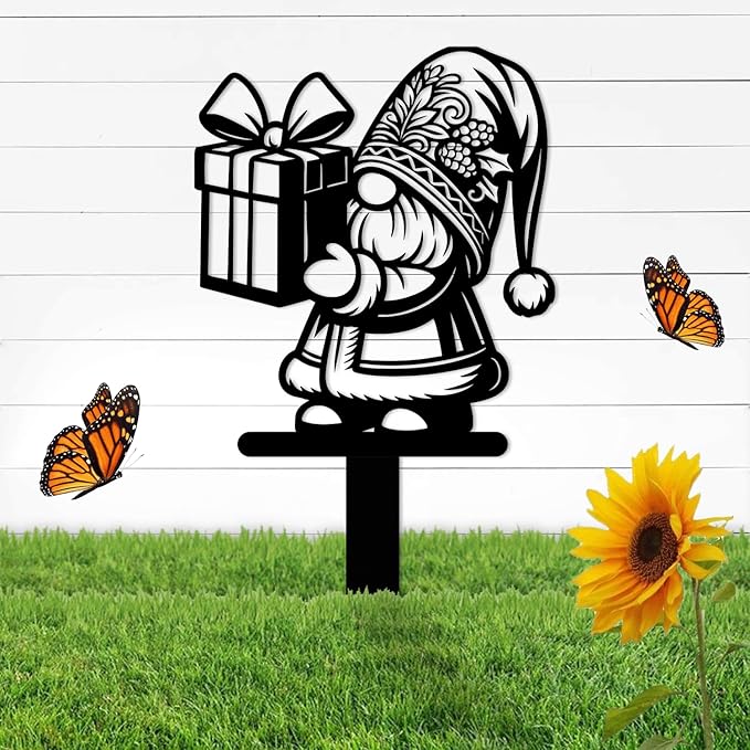 Magilab Personalized Iron Yard Stake - Christmas Cute Gnome Dwarves Decor, 8-Inch Black Metal Garden Sign for Outdoor (Style O)