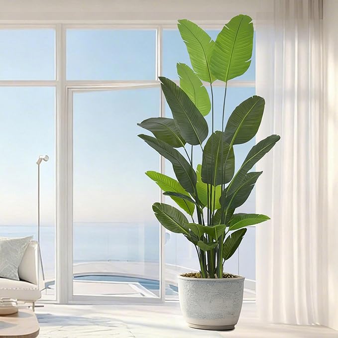 Bird of Paradise Plant Artificial 8ft - Tall Faux Plants Indoor with Realistic Trunks and 24 Vivid Leaves, 96 Inch Fake Tropical Floor Plants in Pot for Home Living Room Bedroom Office Indoor Decor