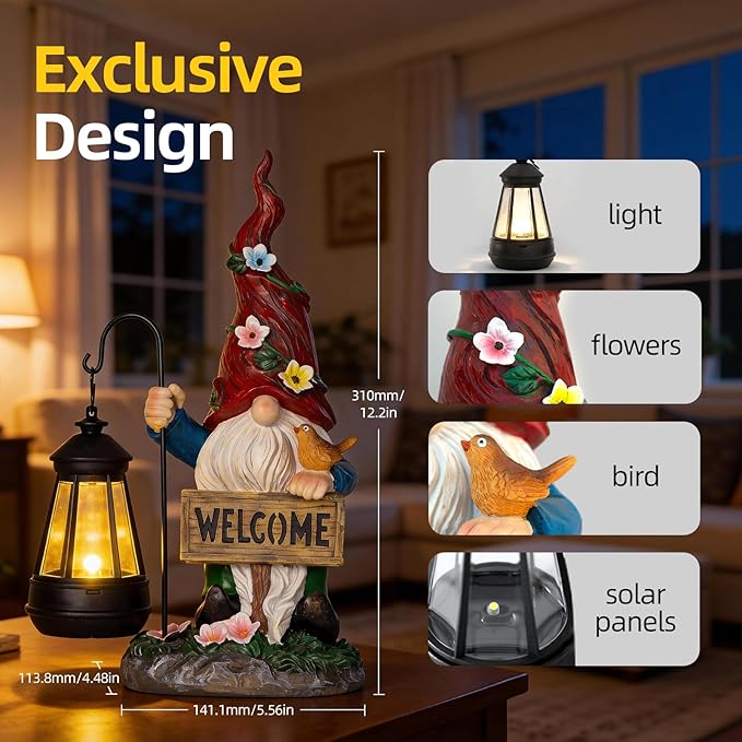 Garden Decor Gnomes Outdoor Statue with Solar Lights-Solar Garden Gnomes Decorations for Patio Lawn Yard Balcony with Lantern,Welcome Sign with Butterfly Flower, Birthday Gifts for Women Mom Grandma