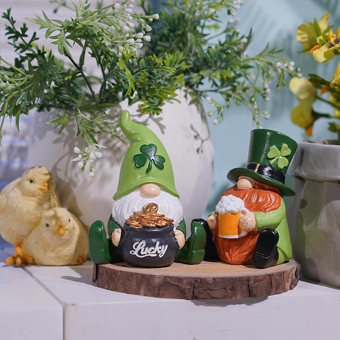 St Patrick's Day Gnome Decorations - 2PC Gnome Figurines with Lucky Shamrocks Beer Cups Pot of Gold Resin Faceless Dolls St. Patricks Day Farmhouse Décor for Home 2.75*2.25*4.75 in Newman House Studio
