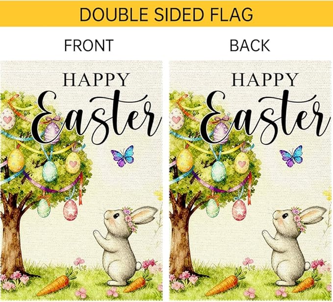 Happy Easter Garden Flag 12x18 Inch Double Sided Burlap Easter Watercolor Egg Tree Bunny Carrots Butterfly Outdoor Decor for Yard Patio Spring Easter Decor