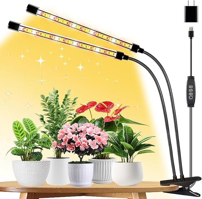 LPMZMBL Full Spectrum LED Grow Light for Indoor Plants, 2 Heads Grow Lights for Seed Starting, 10 Dimmable Levels & 3 Timer Modes (3/9/12H), Adjustable 360° Gooseneck with Clip, Plant Grow Lights
