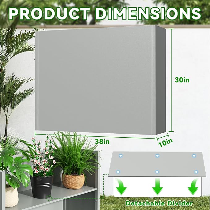 NUWJBYE Tall Metal Planter Box, 38" L x 10" W x 30" H Large Outdoor Planters with Drainage & Adjustable Shelf, Heavy Duty Steel Rectangular Planter for Patio, Balcony, Indoor(Gray)