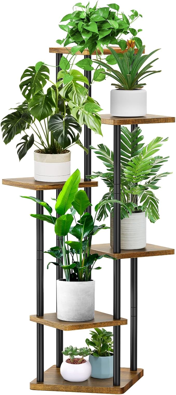 YOCOMEY 6 Tier Wood Tall Plant Stand Metal Rack Indoor, Multiple Flower Pot Holder Shelves Corner Rack, Planter Shelf Display Rack Storage Organizer for Patio Living Room Balcony Garden(Black)