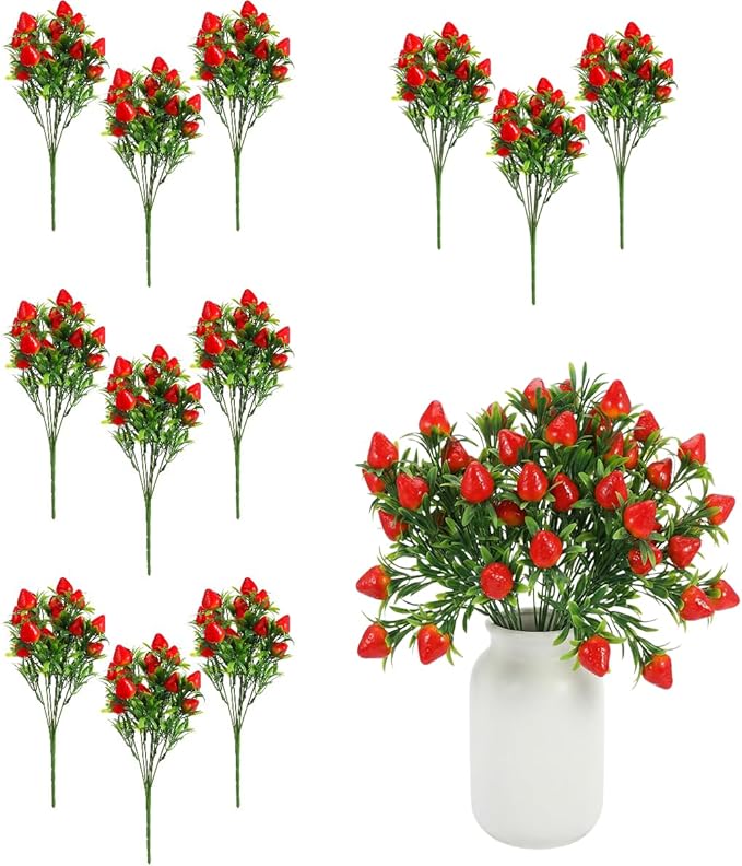 DOITOOL 12Pcs Simulated Strawberry Plant Decor 10.5 inch Long Stem Artificial Strawberry Branches Artificial Plants Fake Berry Stem Fruit Bouquet for Flower Arrangement