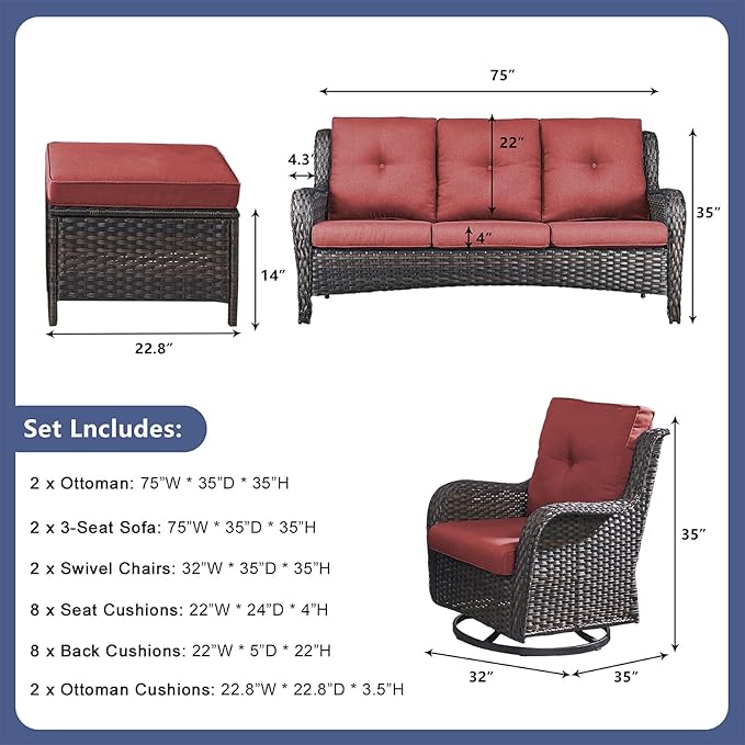 Rilyson Wicker Patio Furniture Set - 6 PC Rattan Outdoor Sectional Conversation Sets with 2 Rocking Swivel Chairs,2 Ottomans and 2 Sofa for Porch Deck Garden(Brown/Red)