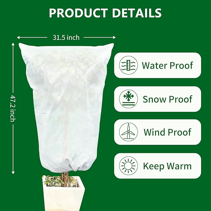 Plant Covers Freeze Protection, 5 Pack Frost Covers with Zipper Drawstring (31.5" x 47.3") Plant Protection Cover Bags for Outdoor Winter Frost Cold Weather Shrubs Trees Jacket Covers, White