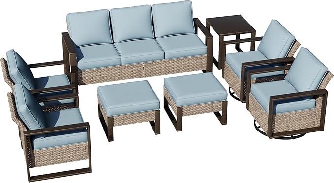 Joyside Outdoor Patio Chairs, 8 Pieces Wicker Rattan Furniture Set, 4 Patio Chairs, 1 Sofa, 2 Ottoman and 1 Table, Metal Wide Armrest, Thick Cushions and Deep Seating for Garden, Backyard, Porch