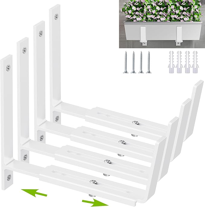 Y&M 4 PCS Adjustable Window Box Brackets for Planter Box, Heavy Duty Wall Mounted Hooks Hangers for Flower Baskets Holder Durable