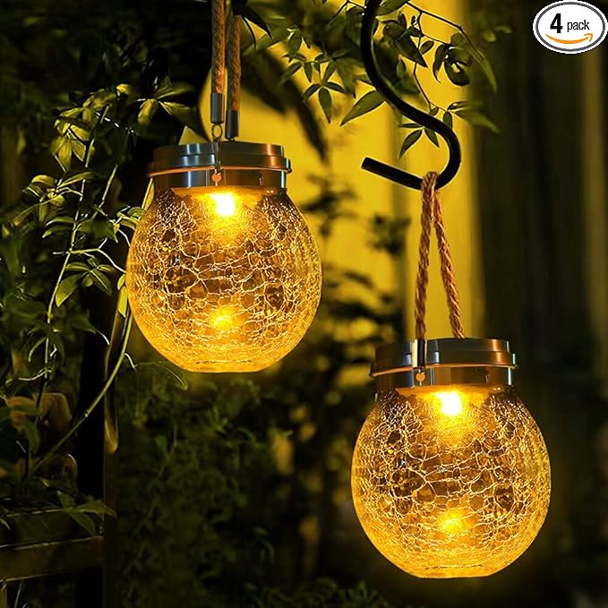 DBF Solar Lanterns Outdoor Waterproof, 4 Pack Hanging Solar Lights Outdoor Garden Decor, Amber Warm & RGB LED Globe Cracked Glass Ball Lantern for Yard Tree Fence Patio Porch Events Deck Pathway
