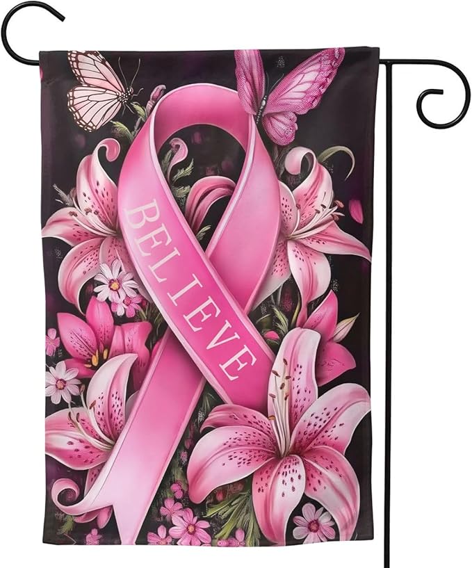 Breast Cancer Garden Flag Vertical Double Sided Outdoor Yard Flags 12.5x18 Inch Burlap Banners for House Lawn