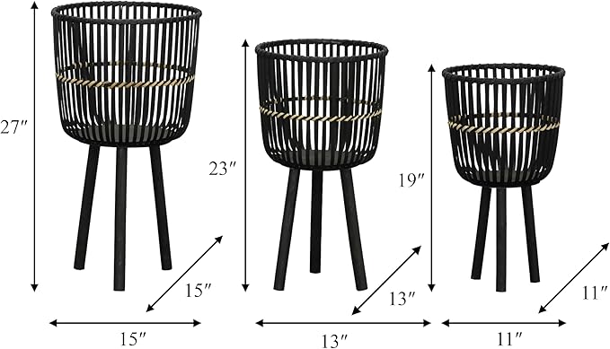 Decorative Bamboo Footed Planters for Home Decor - Garden Plant Pots for Indoor Living Room Decor or Outdoor Patio Areas - Flower Pots for Entryway and Backyard - Set of 3, 27", 23", 19", Black