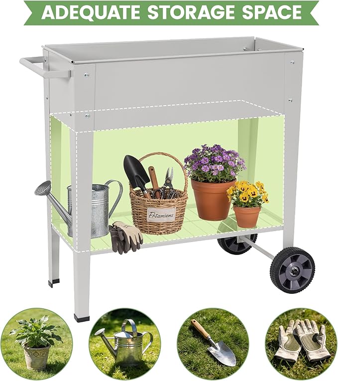 Elevated Raised Garden Bed with Legs- Galvanized Raised Beds for Gardening on Wheels, Anti-Rust Steel Planter Box with Storage Rack& Drain Hole for Backyard Patio Balcony (Grey)