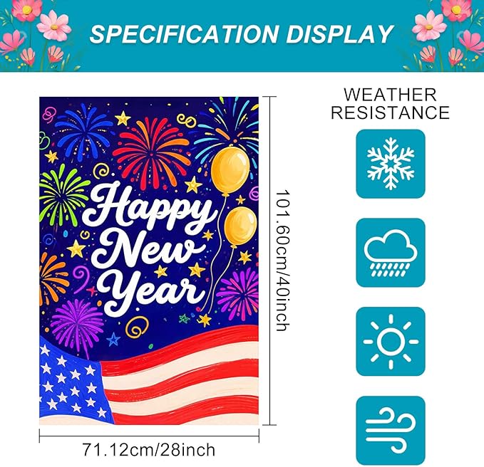 Happy New Year House Flag 28x40 Inch American Flag Fireworks and Balloons Design Garden Flag Patriotic Holiday Outdoor Yard Decoration Celebration Banner for Home Porch Lawn