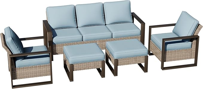 Joyside Outdoor Patio Chairs, 5 Pieces Wicker Rattan Furniture Set, 2 Patio Chairs, 1 Sofa and 2 Ottoman, Metal Wide Armrest, Thick Cushions and Deep Seating for Garden, Backyard, Porch, Deck