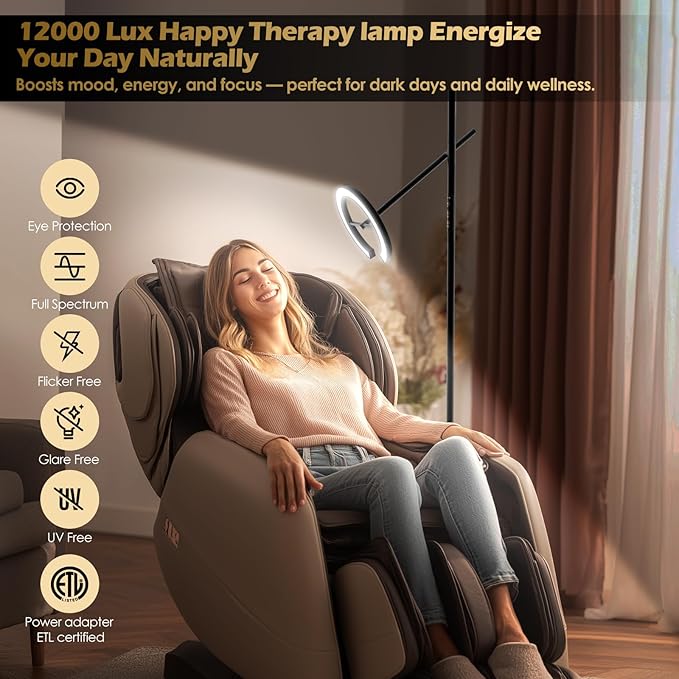 Light Therapy Lamp, 12000 LUX UV-Free Sunlight Lamp, Floor Lamp with Remote, Full Spectrum Sun Lamp, 4 Color Temps 2700-6500K & 7 Brightness & Timer LED Lamp for Living Room Bedroom Home Office, Black